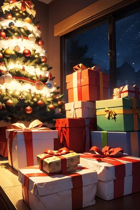 Presents placed under the Christmas tree,  Christmas night