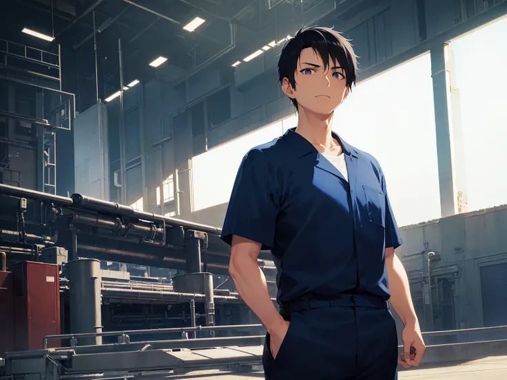 masterpiece, best quality,Japanese manga style,(33 year old male : 1.5) and (short black hair) and (blue eyes), Worker in Uniform, blue Practical Jumpsuit,(serious),inside the Factory, Impressive Large Building, Conveyor Belts, Bright Ceiling Lighting, Hig...