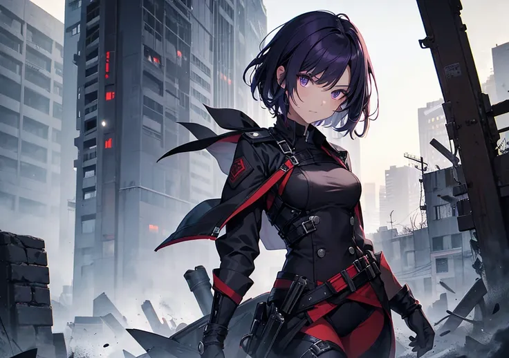 The Shadow Thats Looming: A Close Call
Character setting : A girl with dark purple hair. She has short hair and a sharp gaze. She wears black and dark red combat clothing and has a dagger on her waist
Background : A foggy, abandoned city. Looking back, the...