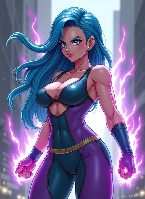 Bulma as a super saiyan, fit body, muscular body huge breasts, wearing a dbz uniform, blue hair with purple stripes, 