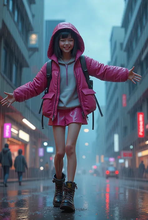 1 girl，pink jacket，dark clouds，rain，Laughter，hoodie，miniskirt，Martin shoes，Open jacket，Backpack without hair，8k resolution，Very detailed content，anatomically correct，Clear images，number，Concept Art，Popular trends on pixiv，masterpiece, best quality, In cybe...