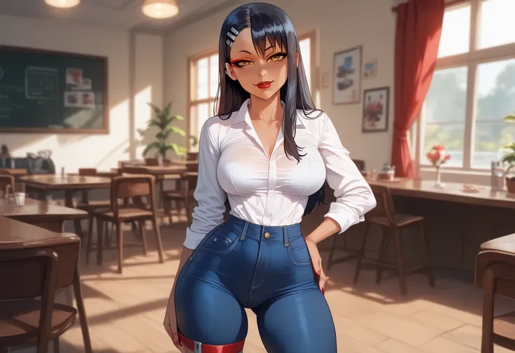 Perfect eyes, Perfect sexy face, Super detail, Nagatoro, 1, Dont play with me, Miss Nagatoro, Glossy hair, (big breasts), Shows cleavage, Tight waist, Thin waist, Dark blue jeans, Thigh straps, Glowing skin, Tanned skin, Belleza, Sexy, Red eyeliner, Red li...