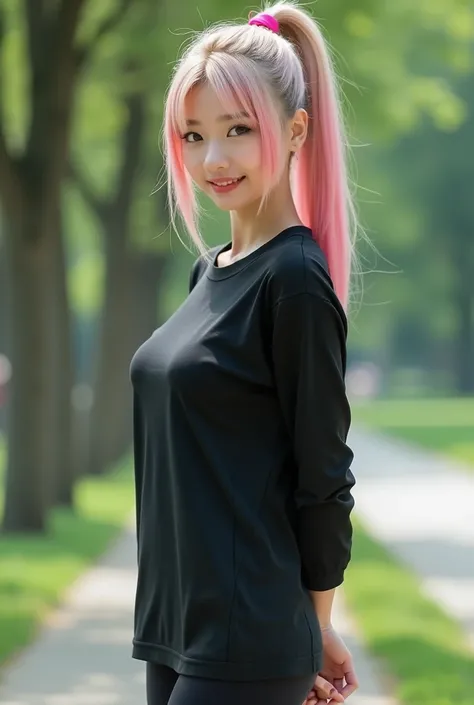 For cinematic characters, beautiful Korean girls, long emo hair tied in a pink gradation blonde ponytail, big breasts, size (((breast 1:3))), Giant breasts, ((very large breasts)), wearing a black long-sleeved shirt, wearing leggings Black, Wearing black s...