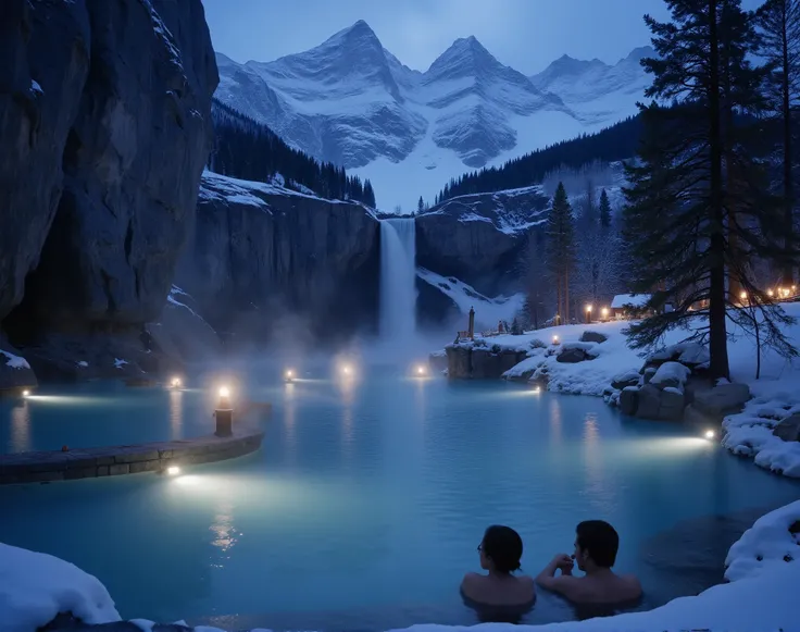Hot spring, open-air bath , waterfall , snowy landscape , night, indirect lighting