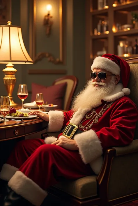 Santa is sitting in hotel and wear coat and pant and goggle in his eyes and lots of gold he wore and he completed his dinner in hotel and waiter is asking for bill