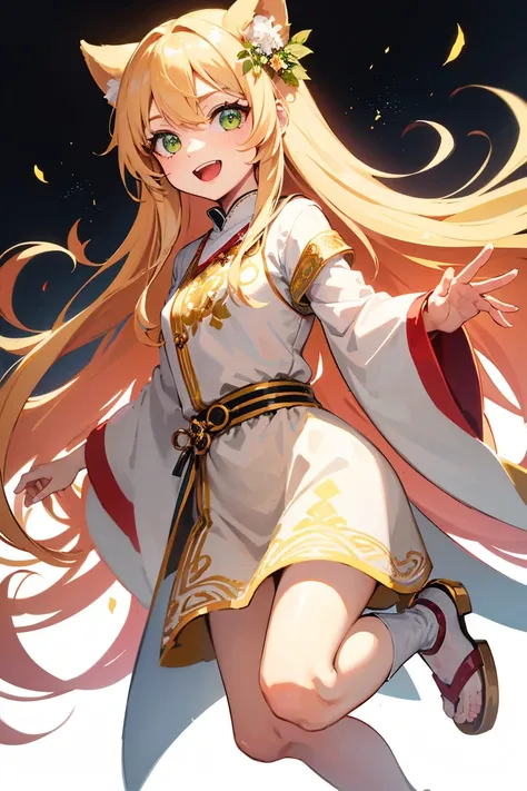 solo, full body, five fingers, cute, detailed, beautiful hair and eyes, five fingers, yellow-green eye, long hair, blond hair, airy hair, salmon pink magician`s robe, Happy Smile, open mouth, ((white background)), (masterpiece)