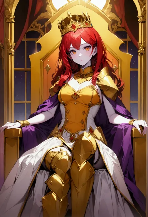 A woman with pretty body, red long hair, honey eyes and a pale skin. Shes using a golden crown. Shes wearing a fancy queen dress with golden should pads and a purple cape. Shes sitting in a golden throne in a glorious pose and theres a large colorful windo...