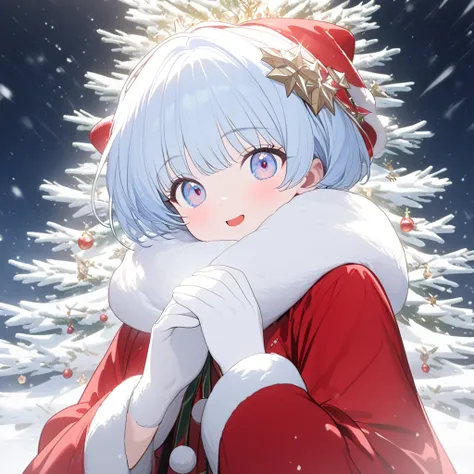 (masterpiece,  High Quality ,   high res, 4K, 8k,  Details）、  Christmas、Santa Girl （  cute face、  beautiful eyes、  light blue short hair 、 amazing smile 、white fur scarf  、Red coat）、 background is a large  Christmas tree、 snow falling 、CG Integrated Wallpa...