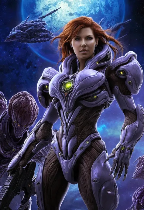  Sarah Kerrigan infecté Au premier plan  de plein pied visible en entier, debout, univers de Starcraft 2 Heart of the Swarm , très grand fond magnifique en arrière plan futuriste planètes visibles dans le ciel... arrière plan sur une planète hostile, 3 aut...