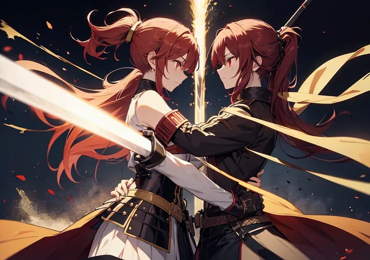 Time for the Decisive Battle: Sword Dance
Character description : A female swordsman with red hair. She has hair tied in a ponytail and red eyes. She wears black armor with gold accents and is holding a sharp-edged long sword
Background : A burning battlef...