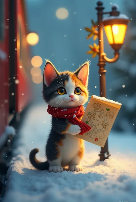 The 3 cm-long calico kitten, now wearing a tiny scarf with holly leaf details, stands determinedly on a snowy train platform. Her golden eyes sparkle with resolve as she studies a pawprint-marked map pinned to a signpost. Snowflakes settle on her tricolor ...