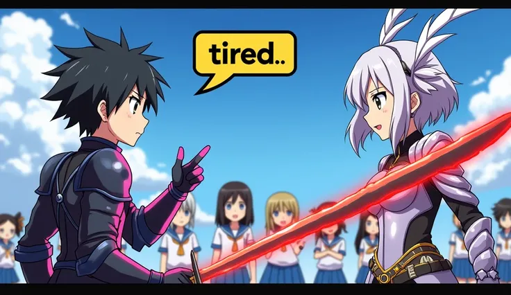 Image is an anime-style illustration featuring two main characters in the foreground. a woman attacks. On the left, a young man with short, tousled black hair and fair skin is depicted wearing a wearing Broken armor, His body gave off a purple glowing aura...