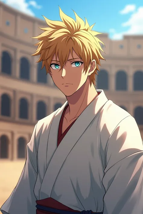 A man with a serious look, with messy blond hair , with crystal blue eyes,  wearing a white kimono without long sleeves,  inside a huge arena in the style of the Colosseum. The image must be in the anime format .