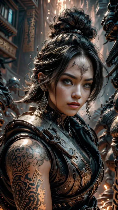 Highly detailed, cinematic, realistic. A striking Asian samurai woman with a commanding presence, depicted in a dynamic, upward-looking perspective. She has a sleek, straight brunette hairstyle with vibrantly colored tips, adding a modern edge to her tradi...