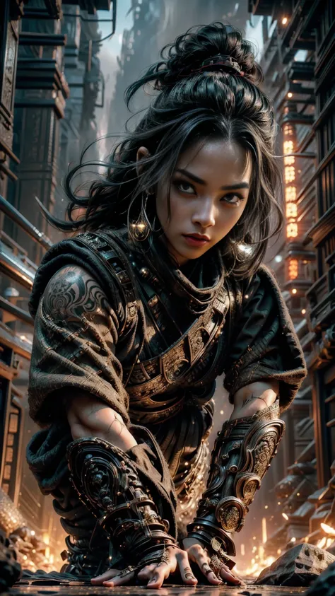 Highly detailed, cinematic, realistic. A striking Asian samurai woman with a commanding presence, depicted in a dynamic, upward-looking perspective. She has a sleek, straight brunette hairstyle with vibrantly colored tips, adding a modern edge to her tradi...