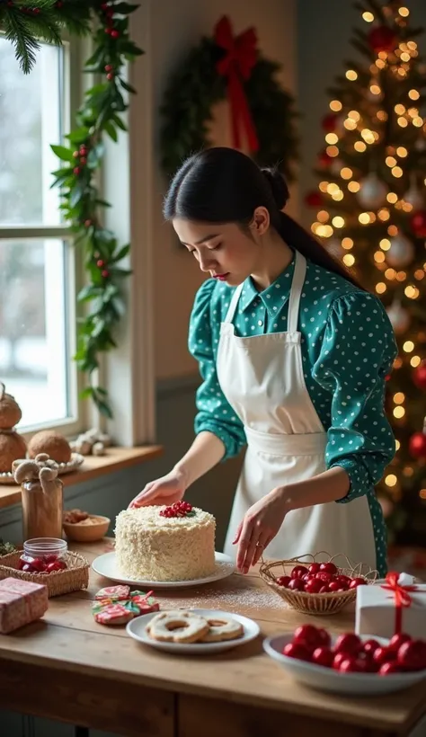 "A warm Christmas-themed vintage style kitchen atmosphere, featuring a beautiful Korean woman decorating a cake. The woman is wearing an elegant classic outfit with a turquoise polka dot blouse and a white apron. long hair tied up, The kitchen is decorated...