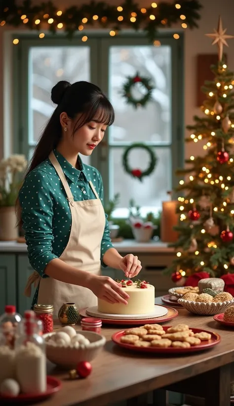 "A warm Christmas-themed vintage style kitchen atmosphere, featuring a beautiful Korean woman decorating a cake. The woman is wearing an elegant classic outfit with a turquoise polka dot blouse and a white apron. long hair tied up, The kitchen is decorated...