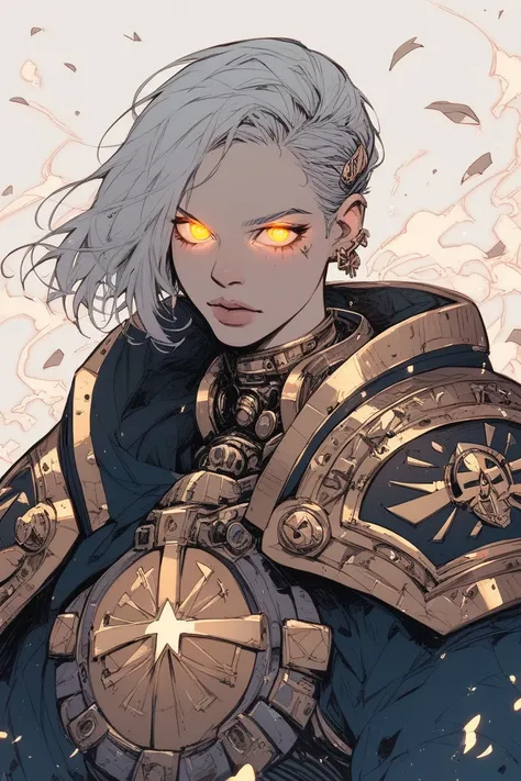 Warhammer 40000, Adeptus Sororitas, short gray hair, pixie hairstyle, white power armor with a golden pattern, Persian appearance, glowing eyes, magic, Gal Gadot.