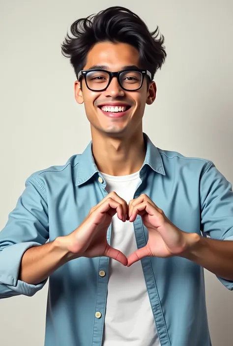  moreno with glasses making a heart pose with someone but dont add another person make him look young though