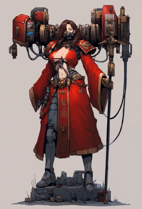 Anime, Concept art, Absurd resolution, high resolution, (masterpiece: 1.4), hyper-detail, octosoup, warhammer 40k, 1woman, admech, staff, red robe, cybernetics, long hair, brunette, cyborg, mechanical hands, boob window, midriff, gas mask, tubes, wires, ra...