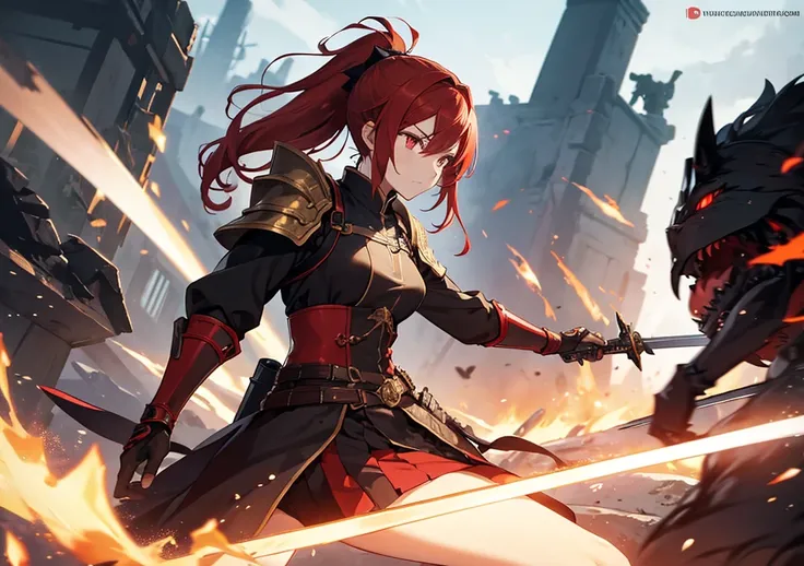 Time for the Decisive Battle: Sword Dance
Character description : A female swordsman with red hair. She has hair tied in a ponytail and red eyes. She wears black armor with gold accents and is holding a sharp-edged long sword
Background : A burning battlef...