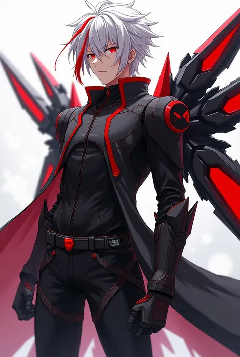  Kaedehara Kazuha (man) Anime cartoons ,  white hair ,  red hair strand down  ,  bright red eyes,  in black mecha clothing  , con Flaps  mecanicas in the back, in the back, and Aura Red 