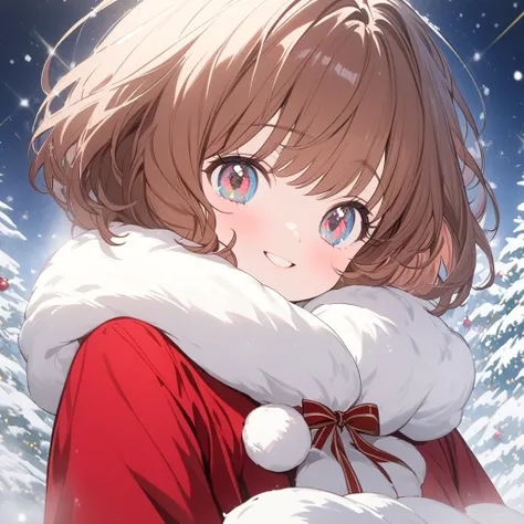 (masterpiece,  High Quality ,   high res, 4K, 8k,  Details,  Christmas, Santa Girl, ( cute face、  beautiful eyes、  brown short hair 、 amazing smile 、white fur scarf  、Red coat),  background is a large  Christmas tree,  snow falling , CG Integrated Wallpape...