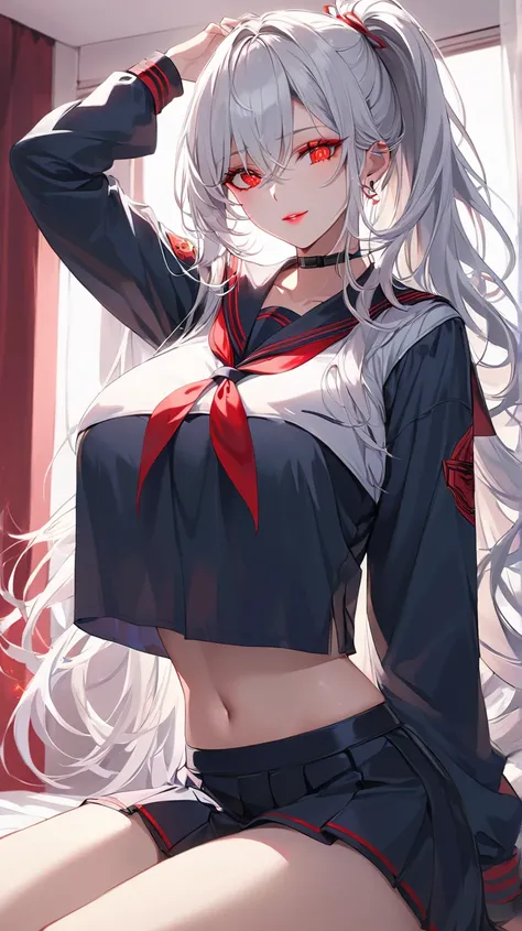 Highest quality　masterpiece　High resolution　masterpiece, white  messy hair, thick and beautiful hair, middle parted hair 　red glowing Eyes, seductive lips, teasing smile, black long sleeves sailor uniform , crop top overhang, very big breast, make up, very...