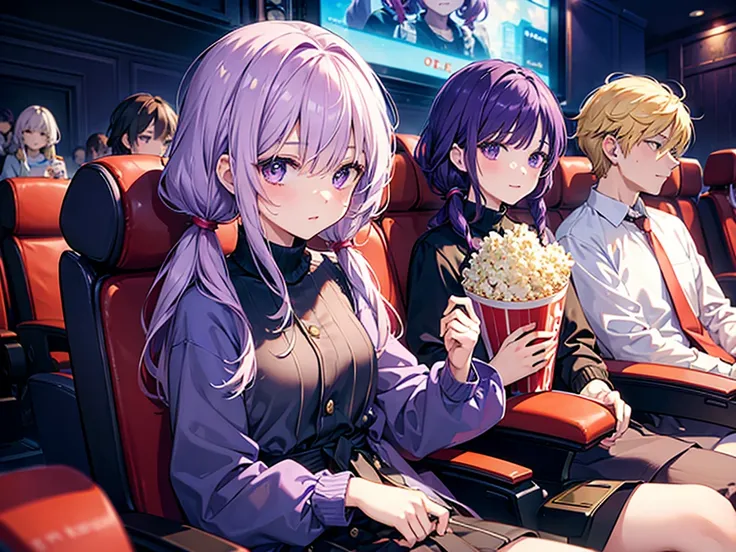 (( top quality )), ((masterpiece)), (  Details),  One girl , Purple Hair, low twintails, ( popcorn on your lap), Watch a Movie, There are a lot of chairs lined up, chair around your waist,((movie theatre)), front