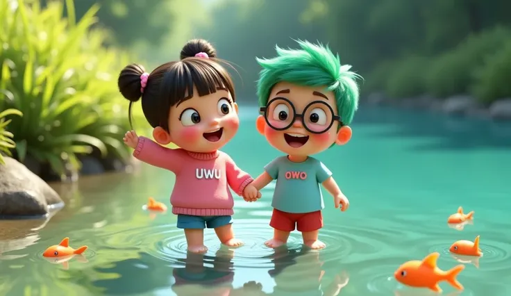 A 3D Pixar-style close-up animation featuring two adorable siblings, Uwu and Owo, smiling happily as they play by the edge of a crystal-clear river. Uwu, a cute  girl with hair in two buns and bangs, has flushed cheeks and bright eyes. She is wearing a pin...