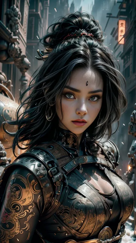 Highly detailed, cinematic, realistic. A striking Asian samurai woman with a commanding presence, depicted in a dynamic, upward-looking perspective. She has a sleek, straight brunette hairstyle with vibrantly colored tips, adding a modern edge to her tradi...