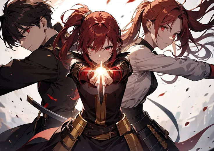 Time for the Decisive Battle: Sword Dance
Character description : A female swordsman with red hair. She has hair tied in a ponytail and red eyes. She wears black armor with gold accents and is holding a sharp-edged long sword
Background : A burning battlef...