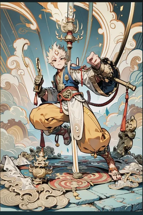 , 1 man ,Sun Wukong,(( Holds a Golden Mace)),cloud,Bare your fangs, fierce ,Age25 ,ขี่cloud,((Smooth Mats)),Full body,(( hand details )),(( Face Details))