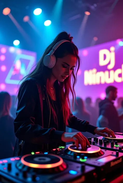 Prompt for photorealistic image generation:
[Subject]: A female DJ performing in a nightclub.
[Details]: The DJ is a stylish young woman with headphones, wearing a trendy black outfit with neon accents. She is actively mixing music on a modern DJ setup, ha...