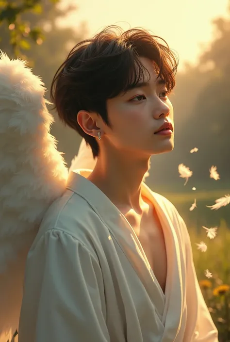  A realistic image of a male angel voting a tear, Warm colors, that looks like Park Jimin  