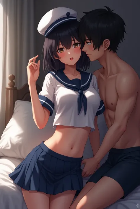 Lick the belly button of a girl in a sailor suit