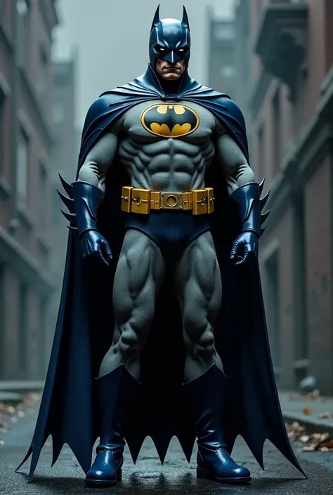 I want Batman , with underwear, gray clothes,  blue cape and blue boot .  Classic chest symbol just like the Tim Burton movie Batman, slightly smaller horn. 