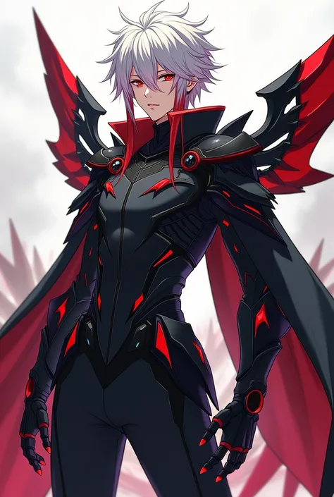  Kaedehara Kazuha (man) Anime cartoons ,  white hair ,  red hair strand down  ,  bright red eyes,  in black mecha clothing  , con Flaps  mecanicas in the back, in the back, and Aura Red 