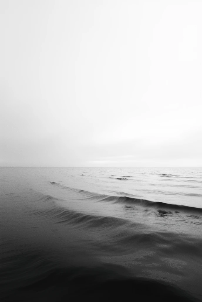 A serene black-and-white landscape featuring a bright white sky and a contrasting black sea with gentle waves, minimalist composition, high contrast, dramatic lighting, and soft gradients blending the sky and water, cinematic and peaceful atmosphere.