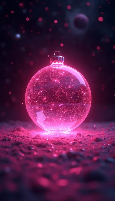 Create bright pink Christmas sphere on a dark black background like space