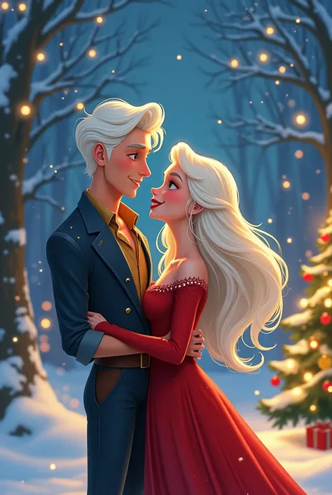 couple. Disney drawing.  Woman with white platinum hair and man with white platinum hair. Named Sky and Leonardo . celebrating christmas.