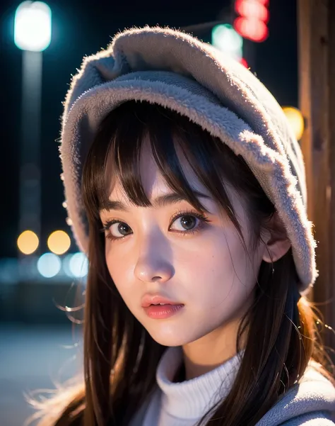 (4k, RAW photo, best quality, masterpiece:1.2),japanese,1girl,winter,night light,face focus,looking another,
 