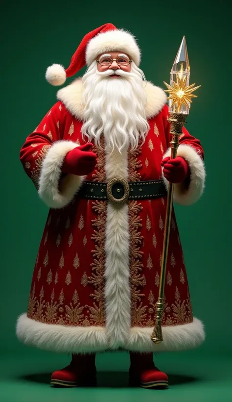   high definition,  illustration, 8K rendering,  3D rendering ,  Santa Claus ,   in a long-sleeved red patterned fur coat, white long beard, red hat  , red gloves, gold patterns,  , a crystal staff with a shiny star  ,   realistically on a green chromakey ...