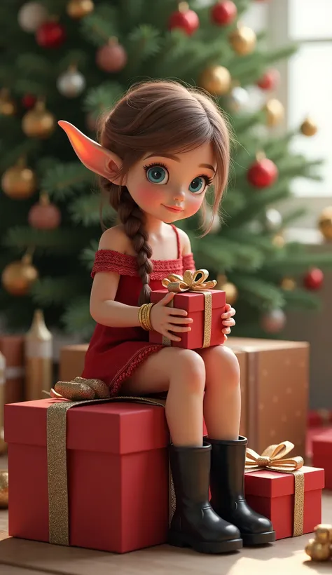 Super realistic illustration, Detailed Fantasy art, Cinema 4D rendering, 1 cute lady, solo, full body, A fairy-sized elven lady is sitting on the edge of Stacked presents, hands holding a present, opening present. braided brown hair, blue eyes. Big eyes an...