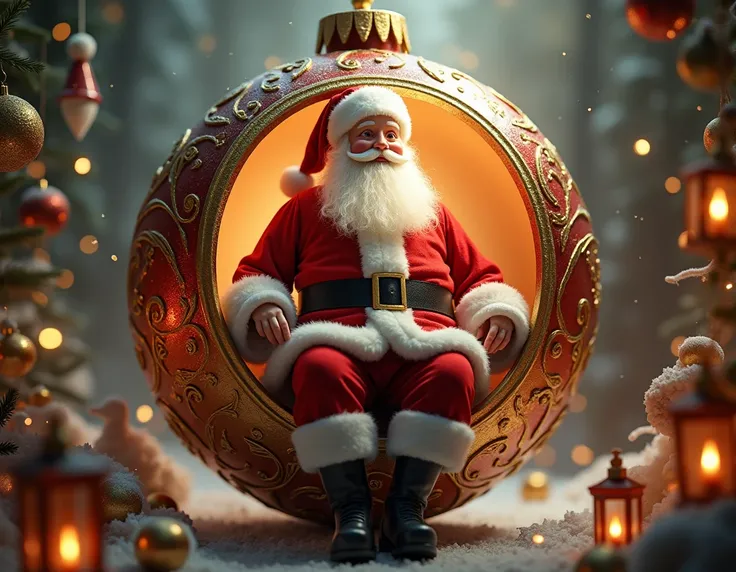 Santa Claus sits ornate inside a Christmas ball