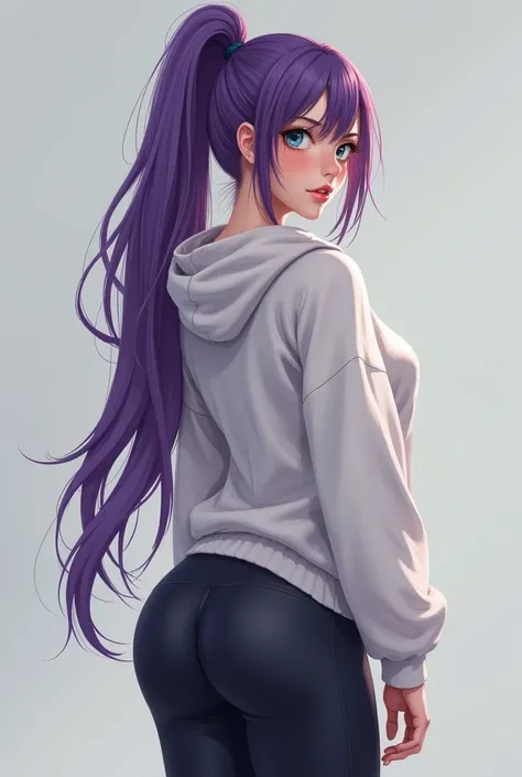 A very realistic picture of a beautiful woman who has long purple hair always tied in a ponytail, big blue eyes, a slim nose and full lips.

He usually wears a set of loose hoodies and tight legging to school . No one can really see the size of her breasts...