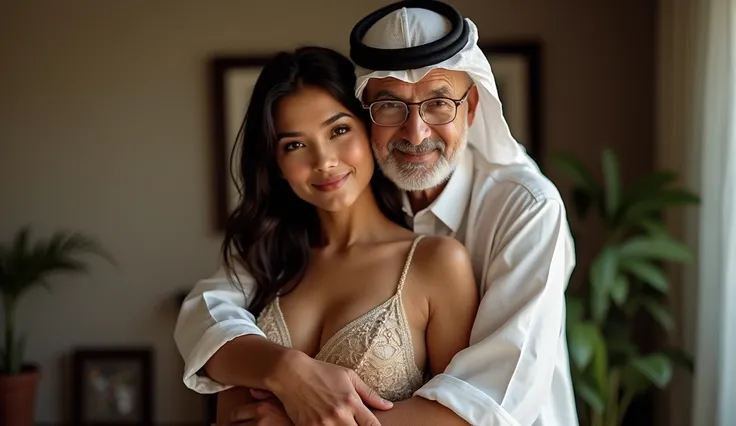 (((beautiful white woman age 22 years old sexy cleavage v bulet, in a hug from behind affectionately by a 90 year old man in typical middle eastern clothes, In the room))), (looking at the camera), bright lighting, high brightness , realistic , full body p...