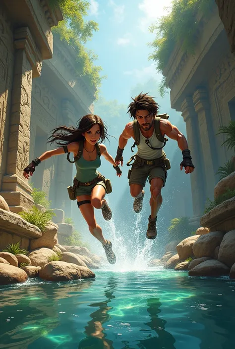 Tomb ruins with water and Lara Croft and Nathan from Uncharted jumping together, generate cartoon image  