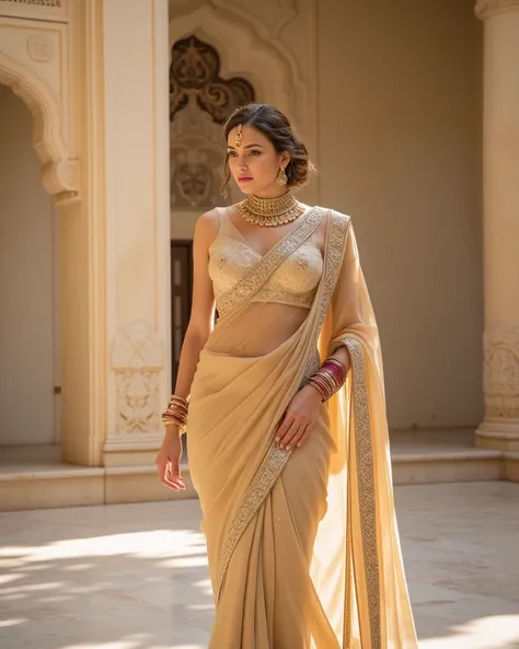 Generate an image of an Indian model in a stunning champagne-colored saree with a matching blouse with a delicate gold work, set against the breathtaking architecture of a Rajasthan palace. The saree features fine lace and zari embroidery, exuding sophisti...