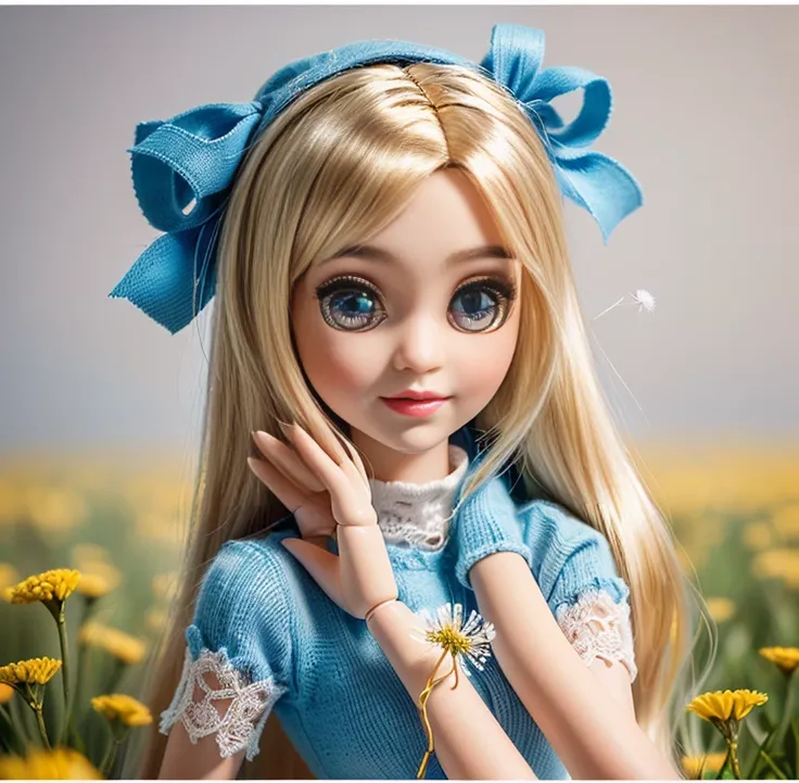 close-up of a doll with a dandelion in a flower field,  cute digital art , cute cartoon character, cute detailed digital art ,  charming digital painting , cute cartoon, realistic drawing of a cute girl, cute detailed drawing, cute and lovely , Cute art,  ...